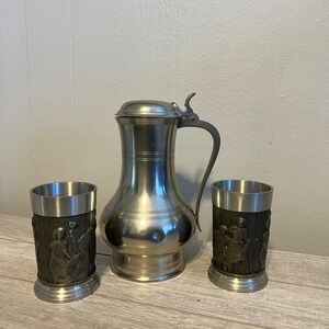 Vintage Royal Holland Pewter Pitcher and SKS Rein Zinn Tavern Scene Cups Set 3pc
